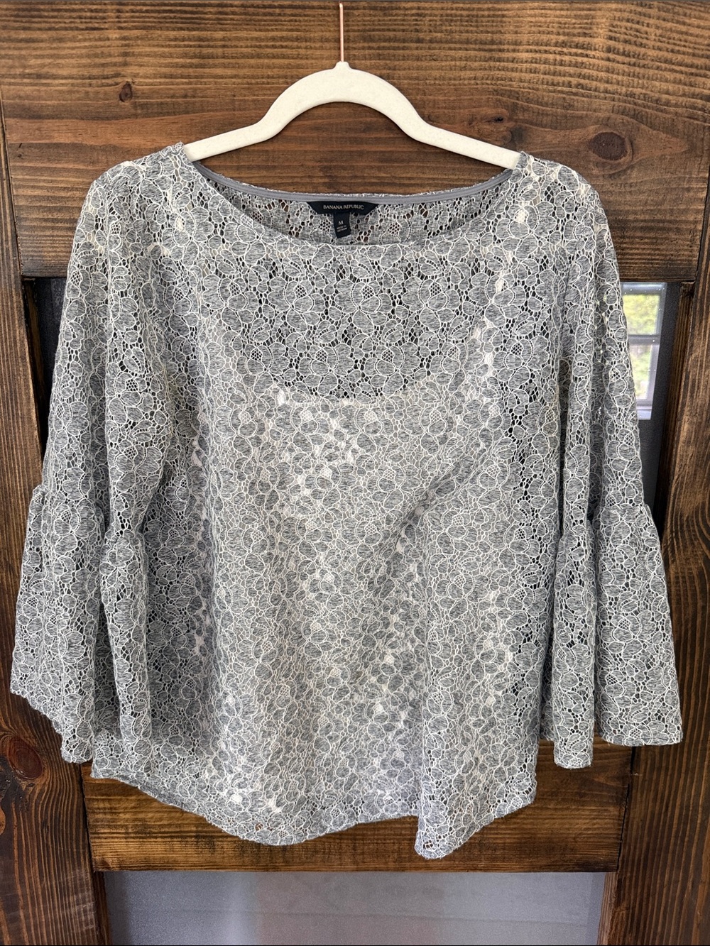 Banana Republic Light Gray Floral Lace Bell-Sleeve Blouse